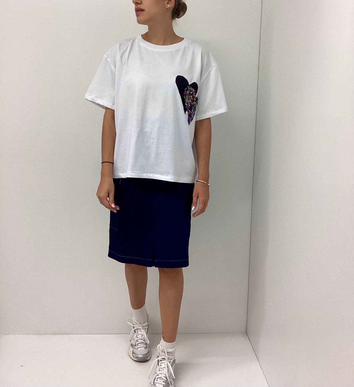 Λευκό T-Shirt με Καρδιές Βαμβακερό One Size