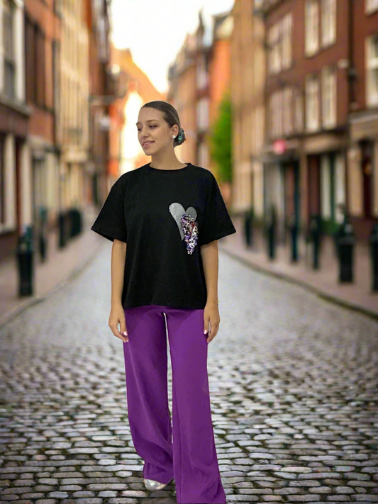 Μαύρο Oversized T-Shirt Heart Glow με Λαμπερή Καρδιά