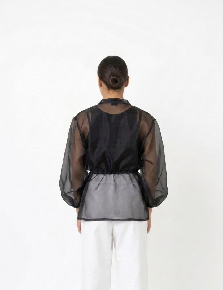 Διάφανη Οργαντίνα Jacket-Shirt με Λάστιχο στη Μέση & Μανίκια Puff