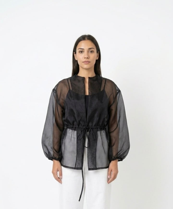 Διάφανη Οργαντίνα Jacket-Shirt με Λάστιχο στη Μέση & Μανίκια Puff