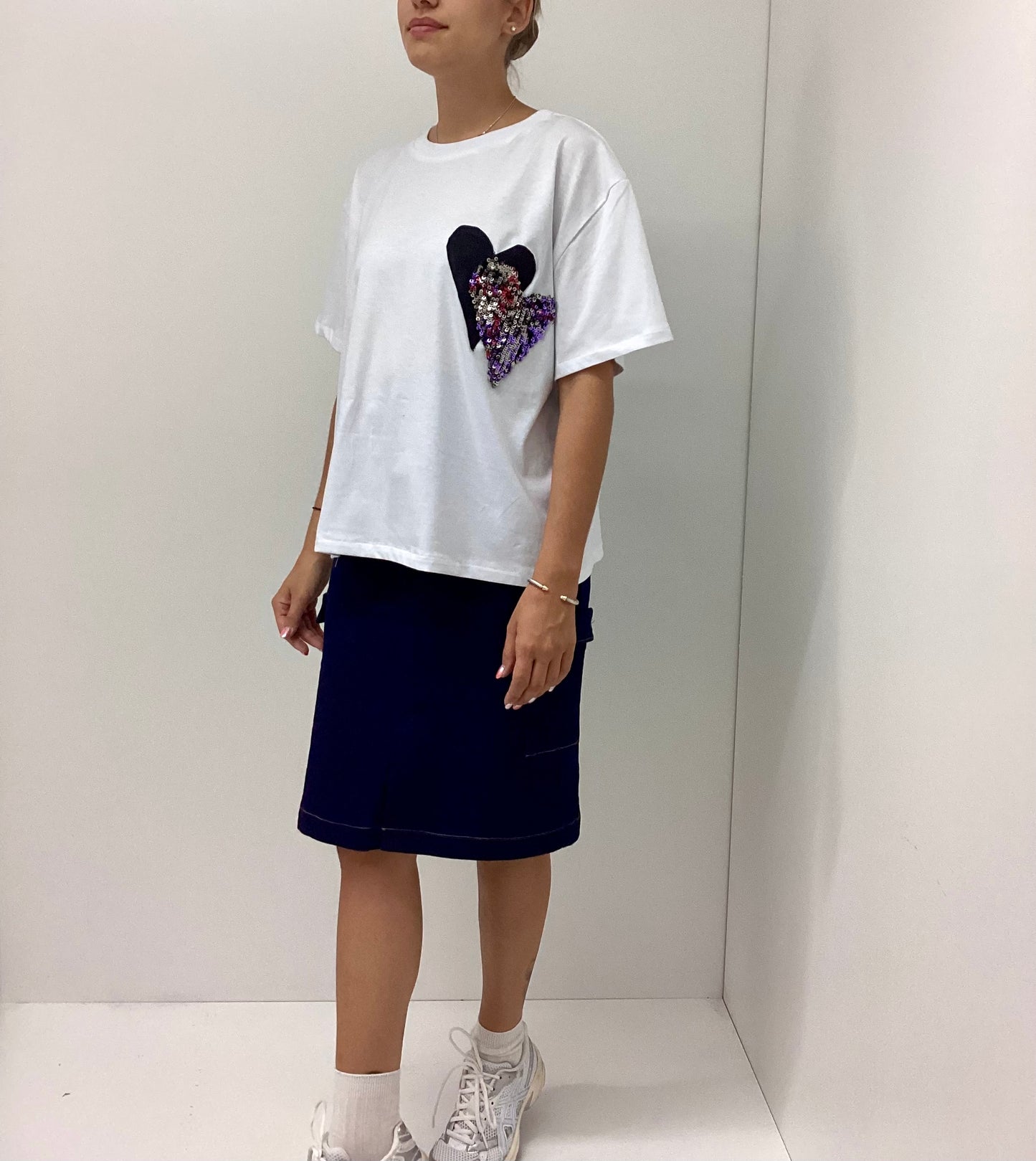 Λευκό T-Shirt με Καρδιές Βαμβακερό One Size