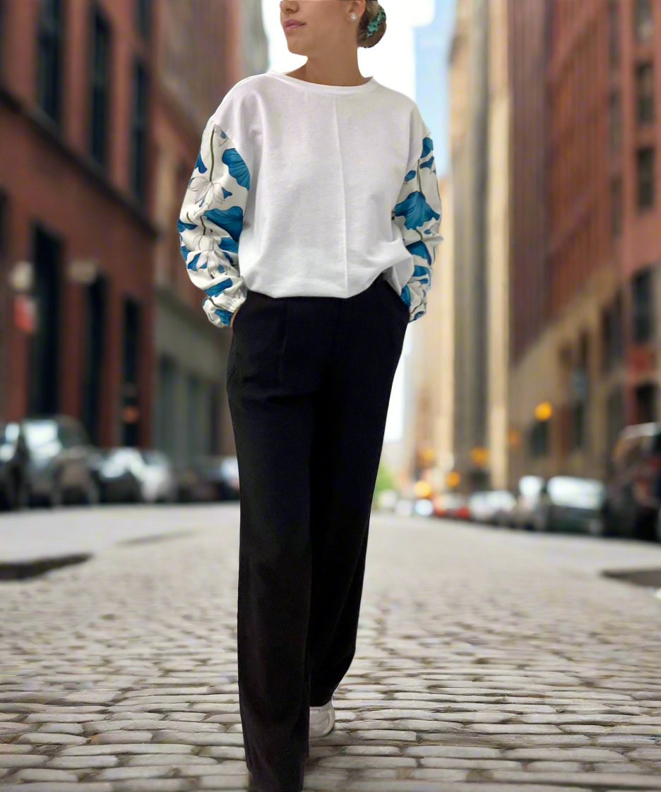 Λευκό Φούτερ White Lilium One Size με Φλοράλ Μανίκια