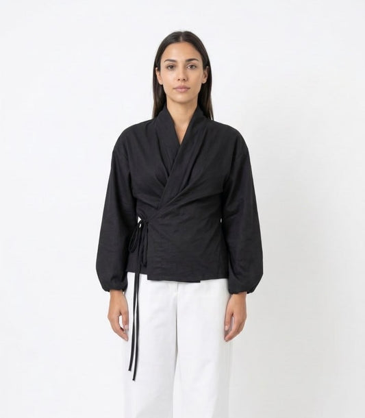 Βαμβακερό Κιμονό-Πουκάμισο Κρουαζέ με Balloon Μανίκια