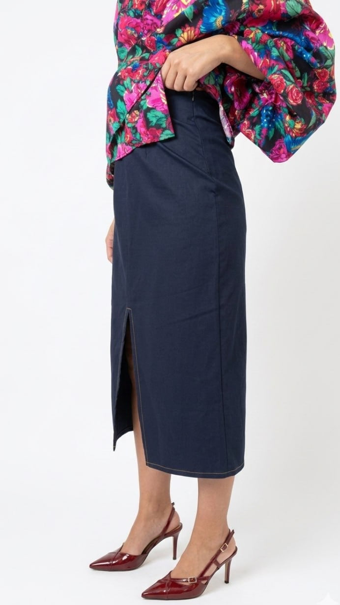 Midi Βαμβακερή Φούστα με Εξώγαζα & Κρυφό Φερμουάρ