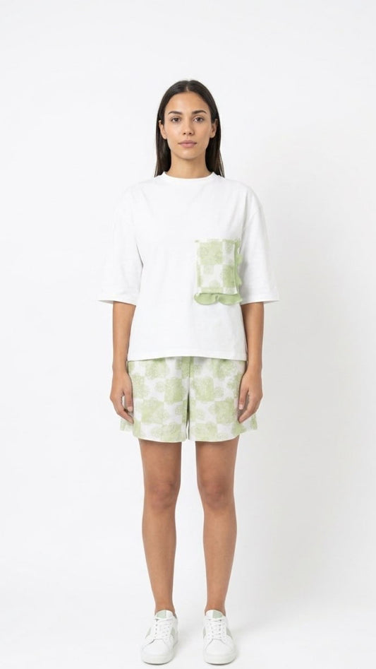 Χειροποίητο Loungewear Σετ Sage Garden – Σύμμεικτο Ύφασμα με Βολάν