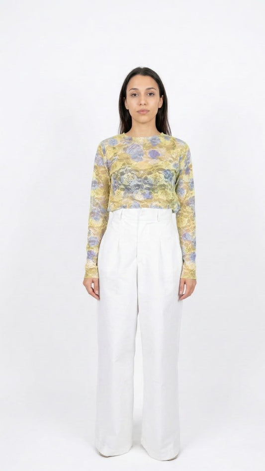 Ψηλόμεση Λευκή Παντελόνα με Θηλάκια & Φερμουάρ - Cotton Blend