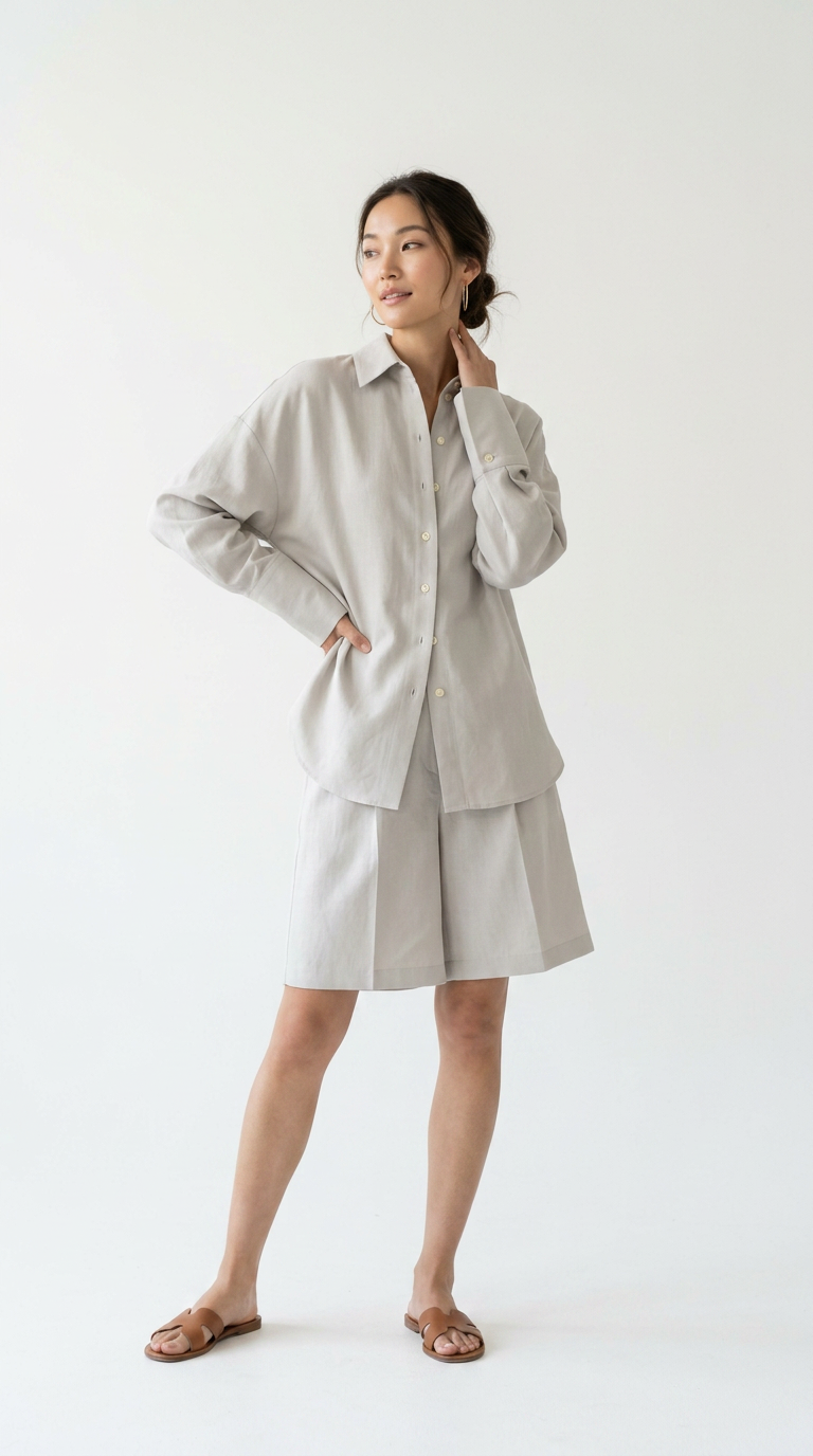 Light Grey Cotton Oversized Shirt & Shorts Set