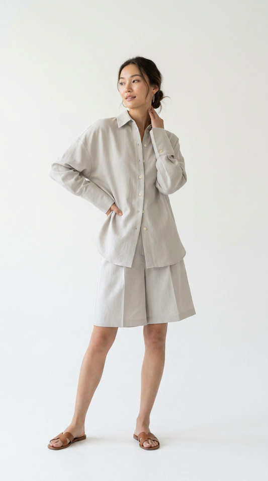 Light Grey Cotton Oversized Shirt & Shorts Set